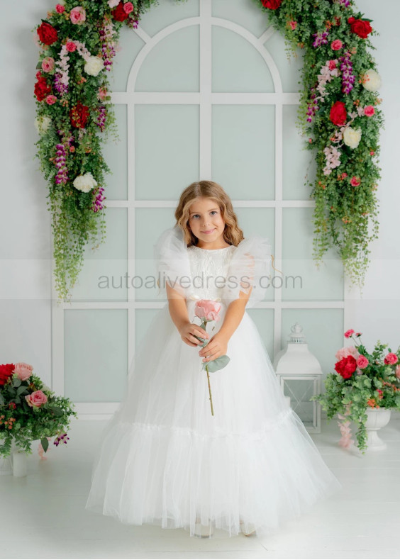 Ivory Lace Tulle Ankle Length Flower Girl Dress